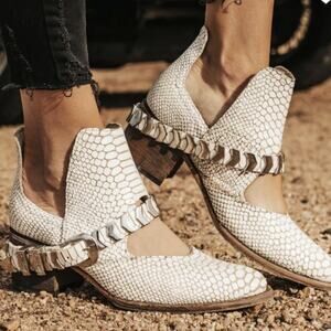 Freebird 6 Blade white sakeskin buckle cutout booties